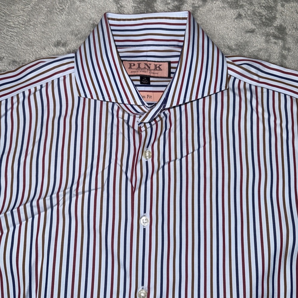 Thomas Pink Formal Shirt Mens 16 Blue Striped Slim Fit French Cuff Preppy